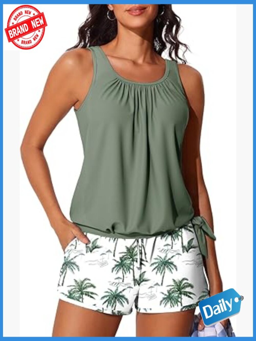 Blouson Tankini Set with Shorts Tummy Control Side Pockets Swimwear